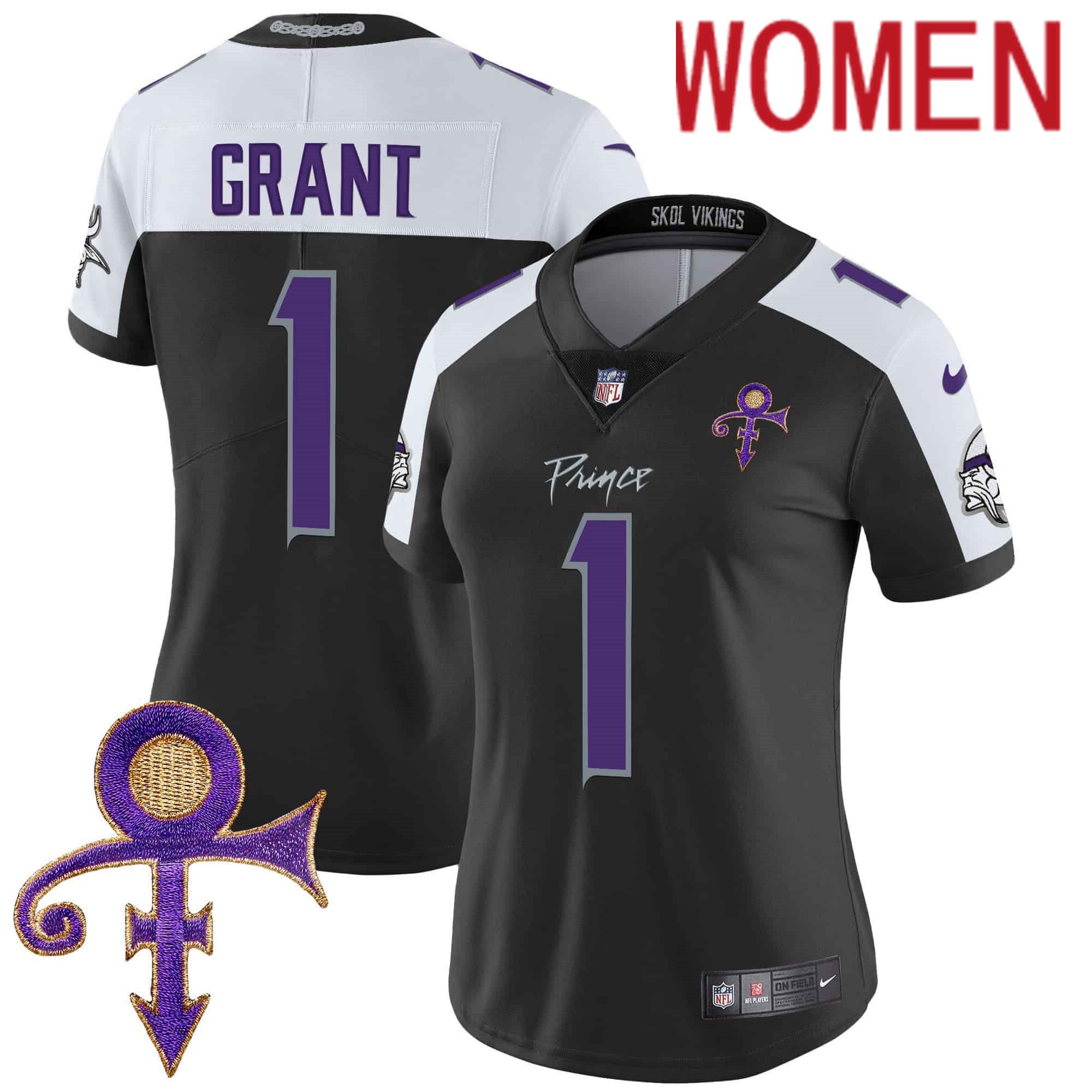 Women Minnesota Vikings 1 Grant Black 2024 Nike Prince Vapor Limited NFL Jersey